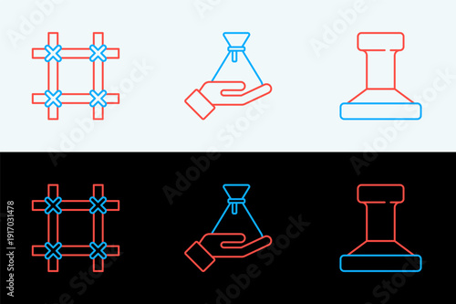 Set line Stamp, Prison window and Bribe money bag icon. Vector