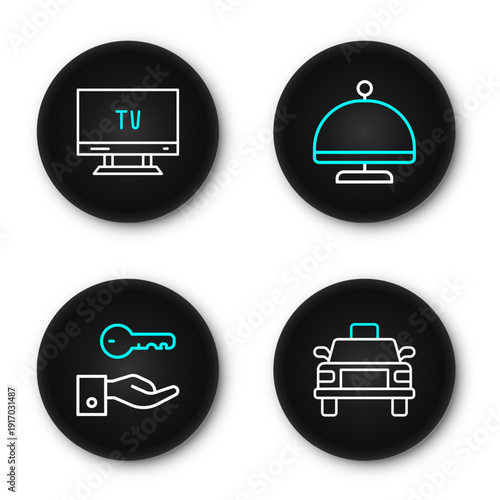 Set line Taxi car, Hotel door lock key, Covered with tray and Smart Tv icon. Vector