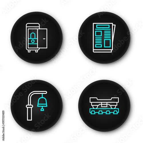 Set line Cargo train wagon, Train station bell, News and Toilet the car icon. Vector