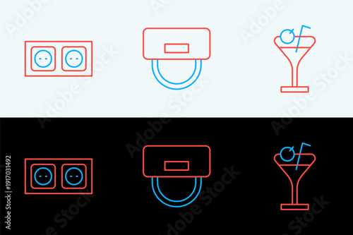 Set line Martini glass, Electrical outlet and Bellboy hat icon. Vector