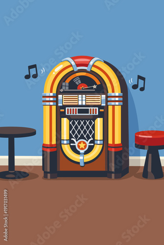 A vintage jukebox in a blue‑walled room plays music, perfect for nostalgic themes