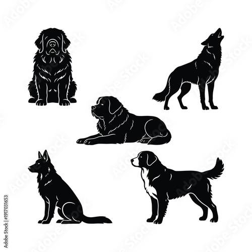 Black Dog Silhouette Vector Collection - Various Dog Breeds and Poses Set