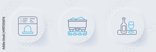 Set line Wine bottle with glass, Coal train wagon and Ticket office to buy tickets icon. Vector