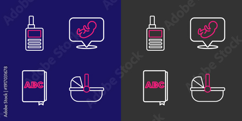 Set line Baby stroller, ABC book, and Monitor Walkie Talkie icon. Vector