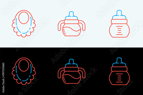 Set line Baby bottle, bib and icon. Vector
