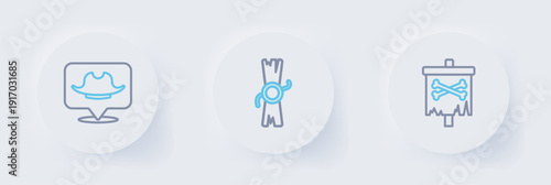 Set line Pirate flag, Decree, parchment, scroll and Location pirate icon. Vector