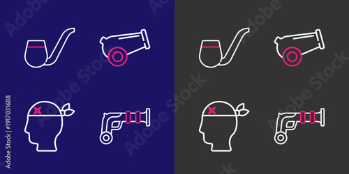 Set line Vintage pistols, Pirate captain, Cannon and Smoking pipe icon. Vector
