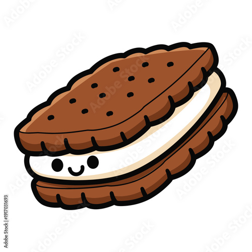 Cute cartoon ice cream sandwich cookie with a happy face, isolated on white.