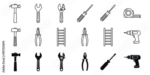 Black and white line and silhouette tools line silhouettes hammers wrenches