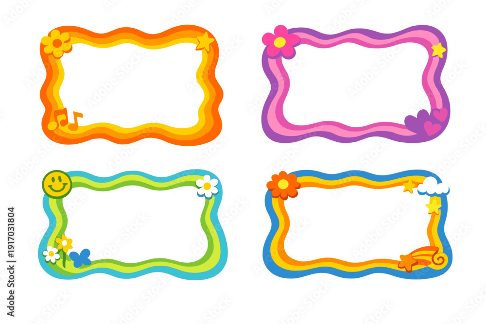 Fototapeta premium A whimsical doodle frame border vector set featuring vibrant wavy rectangle shapes, playful cartoon wiggly picture frames, and a groovy 60s-inspired text frame collection