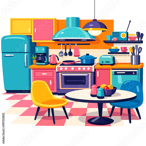 This snug 1960s kitchen features a checkerboard floor and classic appliances, accented with modern bright hues and streamlined cookware, merging nostalgic appeal with a futuristic edge