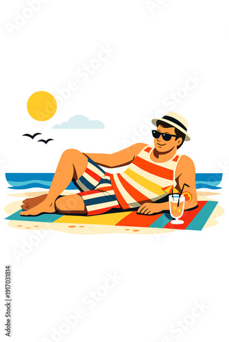 A male model in 1960s vintage beachwear featuring bold stripes and sunglasses relaxes on a bright beach towel by the sea