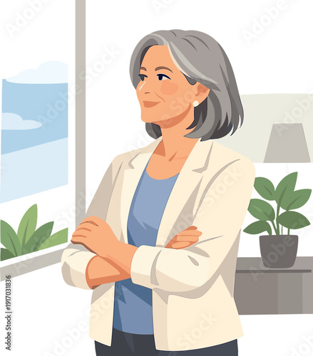 A confident, smiling, mature woman in her 60s stands indoors, gazing at a window with stylish elegance, thinking of a bright future, enjoying well‑being and dreaming at home, without any logos