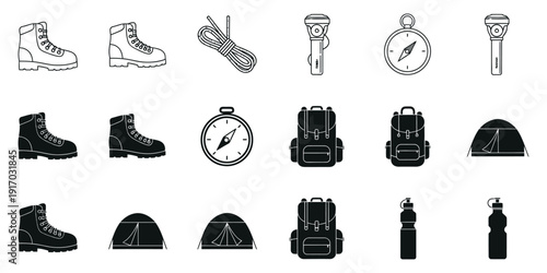 Black and white line of camping and hiking equipment hiking boots camping tent backpack flashlight