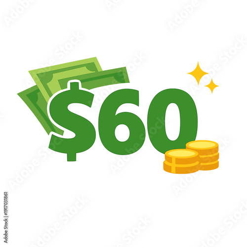 Vector text symbol of 60 US dollars, representing $60 USD United States Dollar