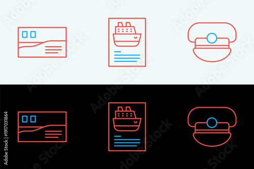 Set line Captain hat, Postcard travel and Cruise ship icon. Vector