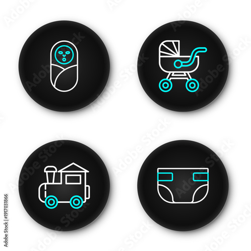 Set line Baby absorbent diaper, Toy train, stroller and Newborn baby infant swaddled icon. Vector