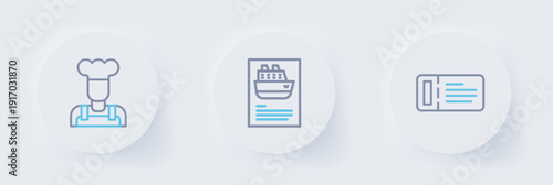 Set line Cruise ticket, ship and Cook icon. Vector