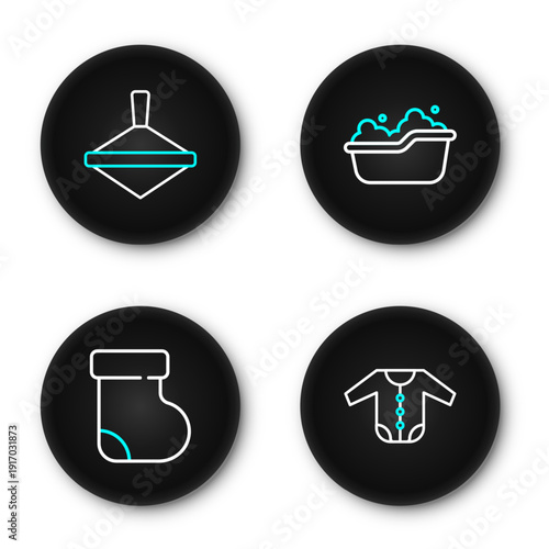 Set line Baby clothes, socks, bathtub and Whirligig toy icon. Vector