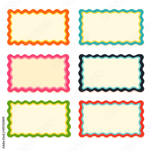 A collection of rectangular frames featuring wavy, jagged edges and colored borders in a 1960s style, suitable as vector templates for posters, cards, invitations, and banners