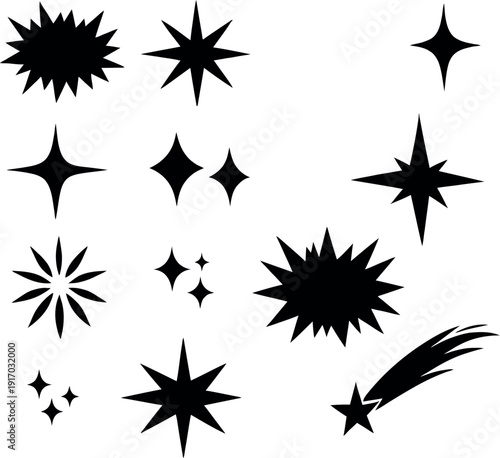 A set of black starburst and sparkle graphics against a white background