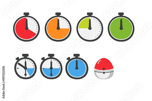 A collection of timer clock faces and stopwatch icons, where the countdown timer shows minutes transitioning from red to green, the stopwatch records intervals between 10 and 60 minutes, and a