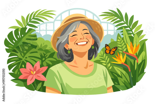 A mature woman smiles in a botanical garden, her face reflecting how much she enjoys the surrounding greenery