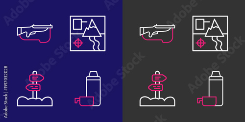Set line Thermos container, Road traffic signpost, Folded map and Biathlon rifle icon. Vector