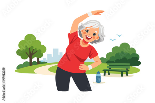 A senior Caucasian woman with gray hair stands in the park, one hand on her waist, raising an arm as she performs side bends to warm up before a cardio workout, her face beaming with joy