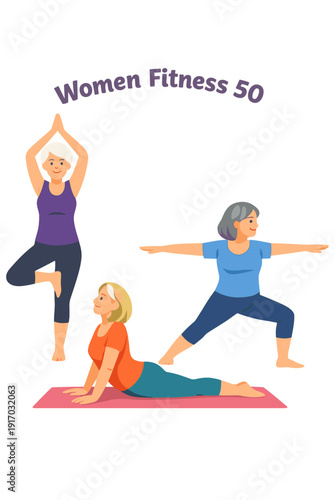 A group of mature women, aged practicing yoga asanas in a fitness class