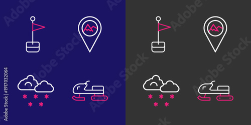 Set line Snowmobile, Cloud with snow, Location mountain and marker icon. Vector