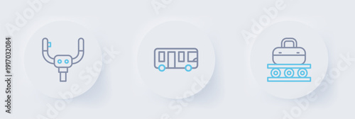 Set line Conveyor belt with suitcase, Airport bus and Aircraft steering helm icon. Vector