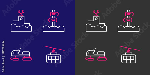 Set line Cable car, Snowmobile, Road traffic signpost and Award winner podium icon. Vector