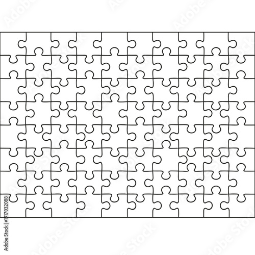Template or cutting guidelines for 60 transparent jigsaw puzzle pieces; classic-style pieces are single-shape and easy to separate, with no acute angles
