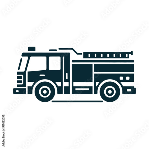 A dark blue icon of a fire truck on a white background