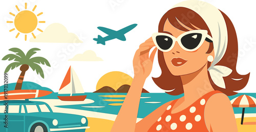 Summer travel 60s-style banner background featuring a fashionable woman in trendy sunglasses