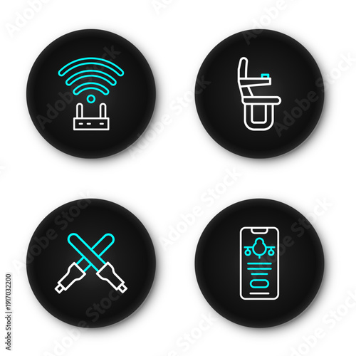 Set line Mobile with ticket, Marshalling wands, Airplane seat and Router wi-fi signal icon. Vector