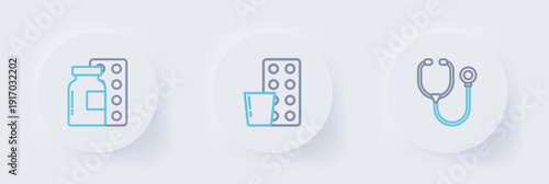 Set line Stethoscope, Pills in blister pack and icon. Vector