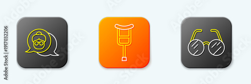 Set line Grandmother, Crutch or crutches and Eyeglasses icon. Vector