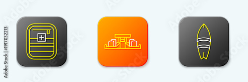 Set line First aid kit, Formula 1 racing car and Surfboard icon. Vector