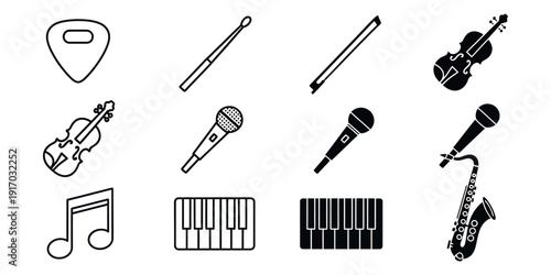 Black and white music including guitar pick violin microphones drumstick pencil