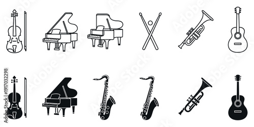 Black and white musical instruments line music symbols violins pianos