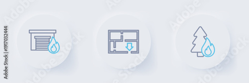 Set line Burning forest tree, Evacuation plan and Fire burning garage icon. Vector