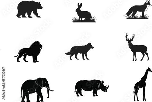 Silhouettes of various african wildlife animals