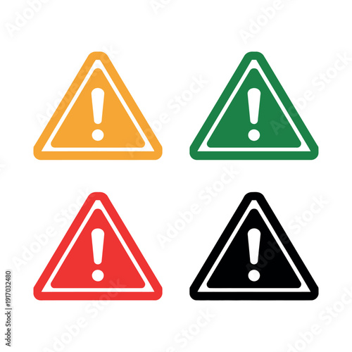 A set of colorful warning signs with exclamation marks