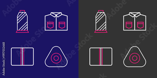 Set line Sewing chalk, Textile fabric roll, Shirt and thread on spool icon. Vector