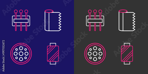 Set line Sewing thread on spool, button, Textile fabric roll and Needle for sewing icon. Vector
