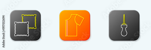Set line Textile fabric roll, Sewing pattern and Awl tool icon. Vector
