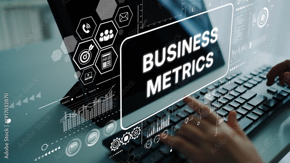 Fototapeta premium Business Metrics Analysis in Digital Environment with Hands on Keyboard and Data Visualization Elements. Asymptotic smart data analytic.