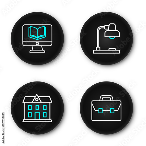 Set line Briefcase, School building, Table lamp and Online class icon. Vector